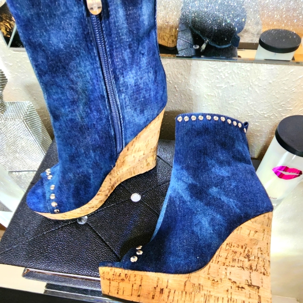 Studded denim bootie